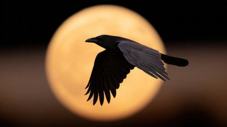 A striking image of a crow soaring through the night sky, silhouetted against a luminous full moon. The enchanting scene captures the beauty of nature at twilight, evoking feelings of tranquility and freedom.の素材