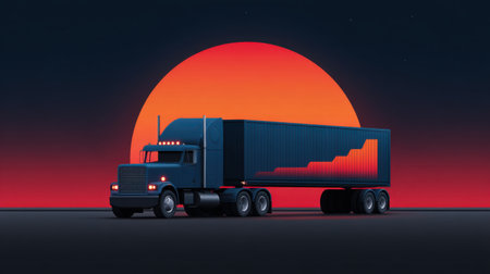 A striking illustration of a truck with a container set against a vibrant sunset, showcasing a modern and minimalistic design. Perfect for transportation themes.の素材