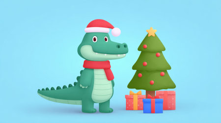 A cheerful cartoon dinosaur dressed in a Santa hat and scarf stands beside a decorated Christmas tree with colorful gifts, embodying holiday joy and fun.の素材