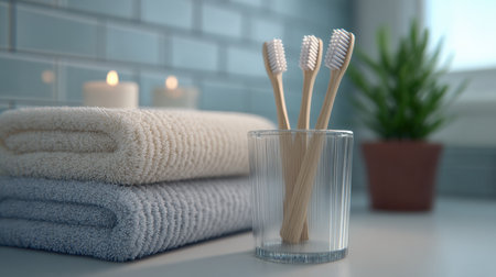 This tranquil bathroom scene features bamboo toothbrushes in a glass holder, soft towels, and a small plant, creating a peaceful and relaxing atmosphere ideal for self-care.の素材