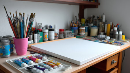 A bright and organized art studio workspace featuring a blank canvas ready for creative expression, surrounded by various paints, brushes, and artist materials.の素材