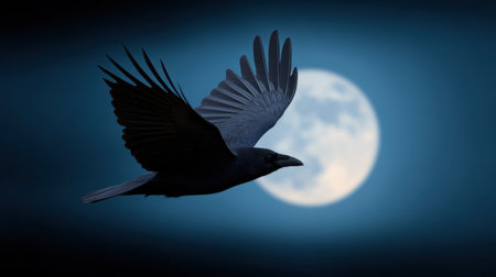 A striking silhouette of a raven soaring against a full moon, capturing the essence of night and natural beauty in a tranquil setting.の素材