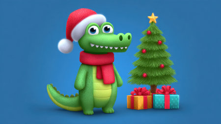 A lively cartoon alligator dressed in a Santa hat and red scarf stands beside a beautifully decorated Christmas tree and colorful gifts, embodying festive cheer.の素材