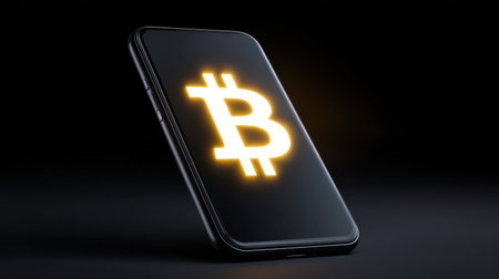 A smartphone displaying a glowing bitcoin symbol against a dark background, symbolizing the rise of cryptocurrency and its impact on digital finance.の素材