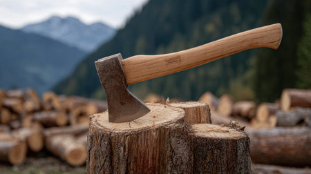 A rustic axe positioned on a freshly cut tree trunk showcases tools of forestry amidst logs, mountains, and a cloudy sky, highlighting outdoor adventure.の素材