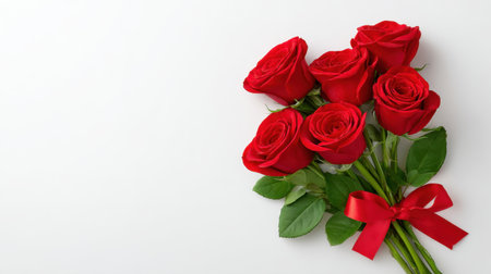 A stunning bouquet of red roses tied with a vibrant red ribbon, placed against a clean white background, perfect for romantic gestures or special occasions.の素材