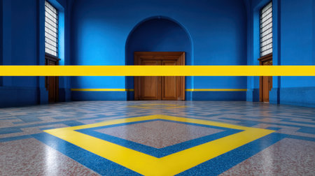 A vibrant blue room featuring striking yellow accents and an artistic geometric floor design, creating a visually stunning and serene ambiance ideal for creative spaces.の素材