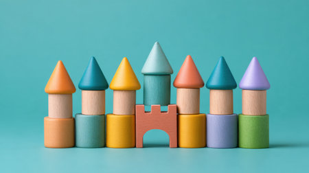 A vibrant arrangement of colorful wooden building blocks designed as a castle, perfect for stimulating creativity and developmental skills in children.の素材
