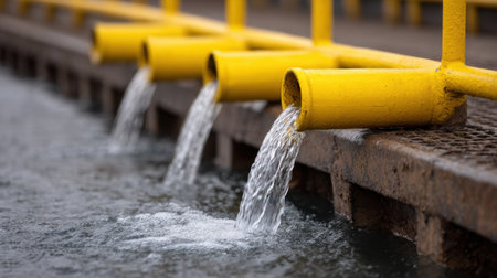 This image showcases a series of bright yellow pipes discharging clean water into a tranquil lake, emphasizing industrial efficiency and environmental awareness.の素材