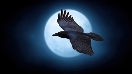 A captivating image of a black bird in flight against a glowing full moon, evoking a sense of mystery and calmness in the night sky.の素材