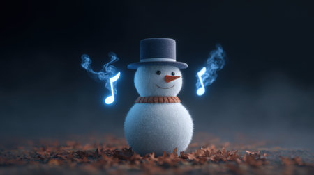 A charming snowman wearing a top hat and adorned with musical notes stands amidst autumn leaves, creating a delightful and whimsical seasonal scene.の素材