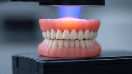 A detailed view of a dental model undergoing laser treatment in a modern laboratory. This innovative technology showcases advancements in oral healthcare.の素材