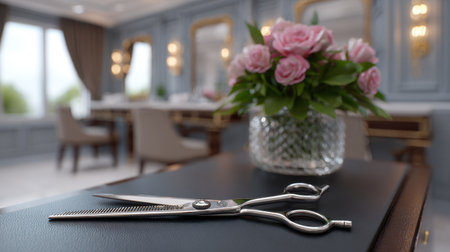 A beautiful hair salon setting featuring shiny scissors on a stylish surface alongside a lush arrangement of pink roses, evoking elegance and professionalism.の素材