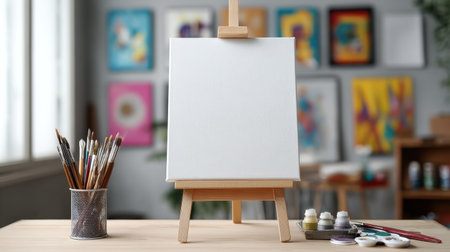 A serene creative studio features a blank canvas on an easel, accompanied by art supplies, inviting artistic inspiration and imaginative exploration.の素材