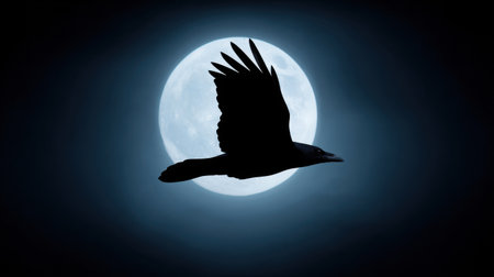 A striking silhouette of a bird soaring gracefully against a luminous full moon creates a captivating scene set in a serene night sky.の素材