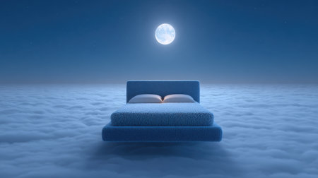 A serene scene featuring a bed floating gently on a sea of clouds under a bright, full moon, creating a dreamy and tranquil night atmosphere.の素材