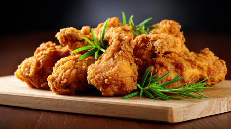 Indulge in the mouthwatering appeal of crispy fried chicken pieces, freshly garnished with aromatic rosemary on a rustic wooden cutting board.の素材