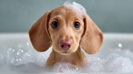 A charming young dog enjoying a soothing bath, surrounded by bubbles in a tub. The dog's playful expression and wet fur create an adorable scene captured with warmth and joy.の素材
