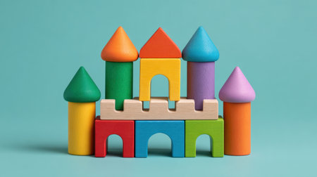 A vibrant arrangement of colorful wooden blocks shaped like a castle, perfect for educational activities, imaginative play, and skill development in children.の素材