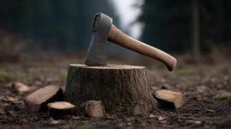 A close-up image of a rustic axe resting on a wooden stump in a quiet forest. Surrounding chopped logs lay scattered, highlighting nature's beauty.の素材