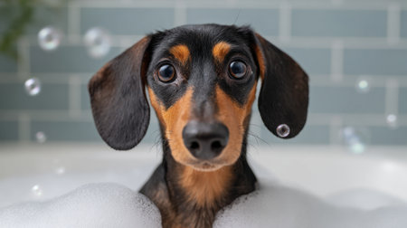 A charming dachshund dog looks playfully at the camera while enjoying a bubble bath. The playful bubbles and cheerful expression add a joyful atmosphere to this delightful scene.の素材