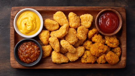 A tempting display of crispy chicken nuggets served on a wooden platter. Accompanied by mustard, ketchup, and barbecue sauces, perfect for dipping.の素材