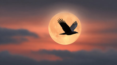 A stunning silhouette of a bird in flight against a large glowing full moon and a colorful sunset sky, creating a serene and enchanting atmosphere.の素材