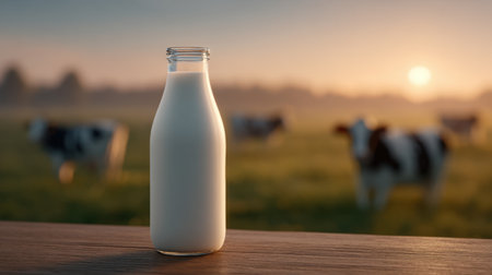 A beautifully captured image of a glass bottle of milk positioned on a wooden table with grazing cows in the soft morning light. The peaceful rural setting highlights the freshness and natural quality of dairy products.の素材