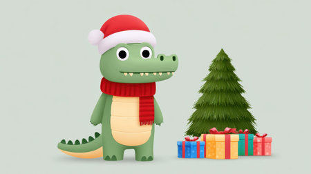 This charming cartoon crocodile in a festive Christmas hat stands beside a beautifully decorated tree, surrounded by colorful gift boxes. Perfect for holiday-themed designs!の素材
