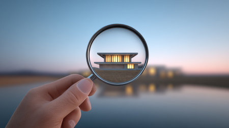 A captivating image showing a hand holding a magnifying glass that focuses on a modern house reflecting on calm water during dusk, creating a serene atmosphere.の素材