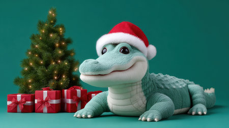This charming alligator plush toy, wearing a Santa hat, is surrounded by Christmas decorations, including a tree and colorful presents, creating a joyful holiday scene.の素材