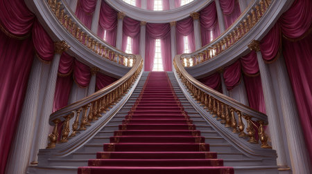 A stunning grand staircase wrapped in rich red carpeting and adorned with luxurious drapes creates an atmosphere of elegance and opulence.の素材