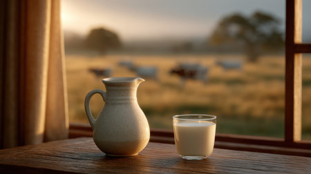 A serene morning scene featuring a beautiful milk pitcher and a glass on a rustic wooden table. The peaceful pasture and grazing cows in the background create a calm and inviting atmosphere, perfect for evoking feelings of warmth and simplicity.の素材
