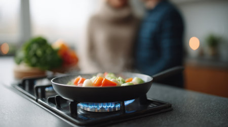 A beautiful scene of a fresh vegetable stir fry cooking on a gas stove in a modern kitchen, with a couple in the background enjoying quality time together.の素材