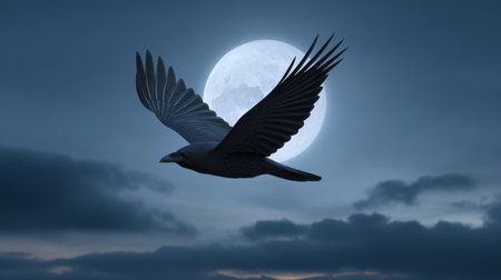 A stunning silhouette of a bird in flight against a backdrop of a luminous full moon and moody clouds, capturing the essence of night tranquility and beauty.の素材