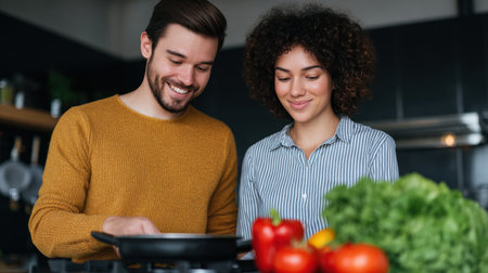 A cheerful couple collaborates in a stylish kitchen, surrounded by fresh vegetables, enjoying the cooking process with smiles on their faces.の素材