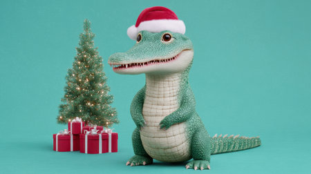 A whimsical alligator wearing a Santa hat sits cheerfully beside a decorated Christmas tree and colorful presents on a vibrant turquoise background.の素材