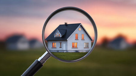 A captivating image featuring a magnifying glass highlighting a cozy house with warm lights as the sun sets in a tranquil residential neighborhood.の素材
