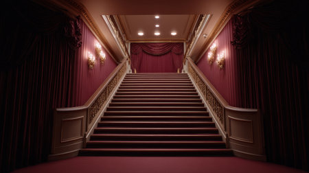This image features an elegant grand staircase with rich red drapes and soft lighting, creating a luxurious indoor atmosphere that exudes sophistication.の素材