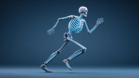 This image features a detailed 3D representation of a human skeleton in a running pose. The skeleton showcases dynamic movement, highlighted with blue accents against a dark gradient background.の素材