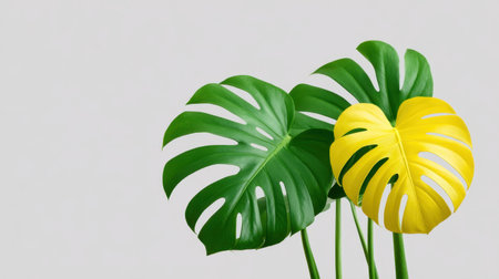 This stunning image features vibrant green and yellow monstera leaves set against a soft gray background, perfect for modern home decor and botanical themes.の素材