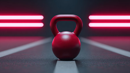 A striking red kettlebell positioned on a dark gym floor with vibrant neon lights creating an energetic atmosphere, perfect for fitness and training promotions.の素材