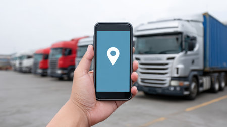 A hand holding a smartphone displaying a location marker, set against a backdrop of parked trucks in a logistics yard on a cloudy day.の素材