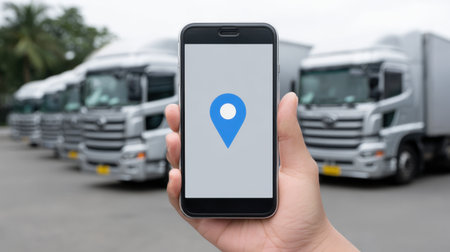 A hand holds a smartphone displaying a location pin icon, set against a backdrop of parked trucks, symbolizing navigation in the logistics industry.の素材