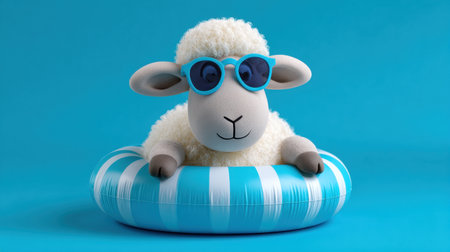 A charming cartoon sheep in stylish sunglasses lounges on a bright striped pool float against a vibrant blue backdrop, embodying summer joy and relaxation.の素材