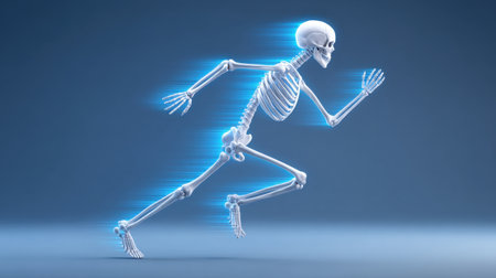 A 3D rendered illustration of a skeleton running swiftly, surrounded by blue energy effects, capturing the essence of speed, agility, and dynamic movement in an imaginative and creative way.の素材