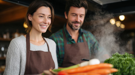 A cheerful couple enjoys their time cooking in a cozy kitchen, surrounded by fresh vegetables and a warm atmosphere, symbolizing love and togetherness.の素材