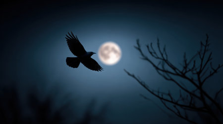 A breathtaking scene featuring a bird in flight against a luminous full moon. Dark silhouettes of tree branches enhance the tranquil night atmosphere.の素材