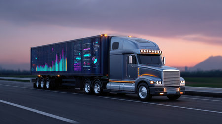 A sleek modern freight truck transports a digital data visualization on its container while cruising along an open road at sunset, creating a dynamic scene.の素材
