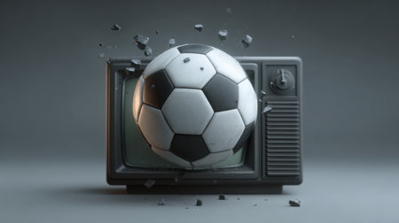 This striking image features a soccer ball bursting through a vintage television, symbolizing the impactful energy of sports in modern media.の素材